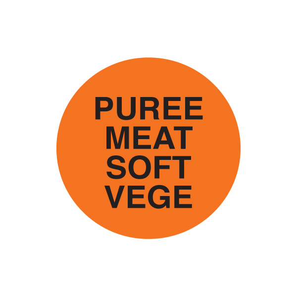 23mm Removable Orange Circle Label - Printed PUREE MEAT SOFT VEGE in Black Ink - Roll 1000