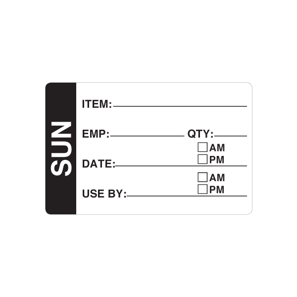 Prep Label - 47mm x 73mm - Removable - Sunday - Black - 500 Labels per Roll - 38mm Core